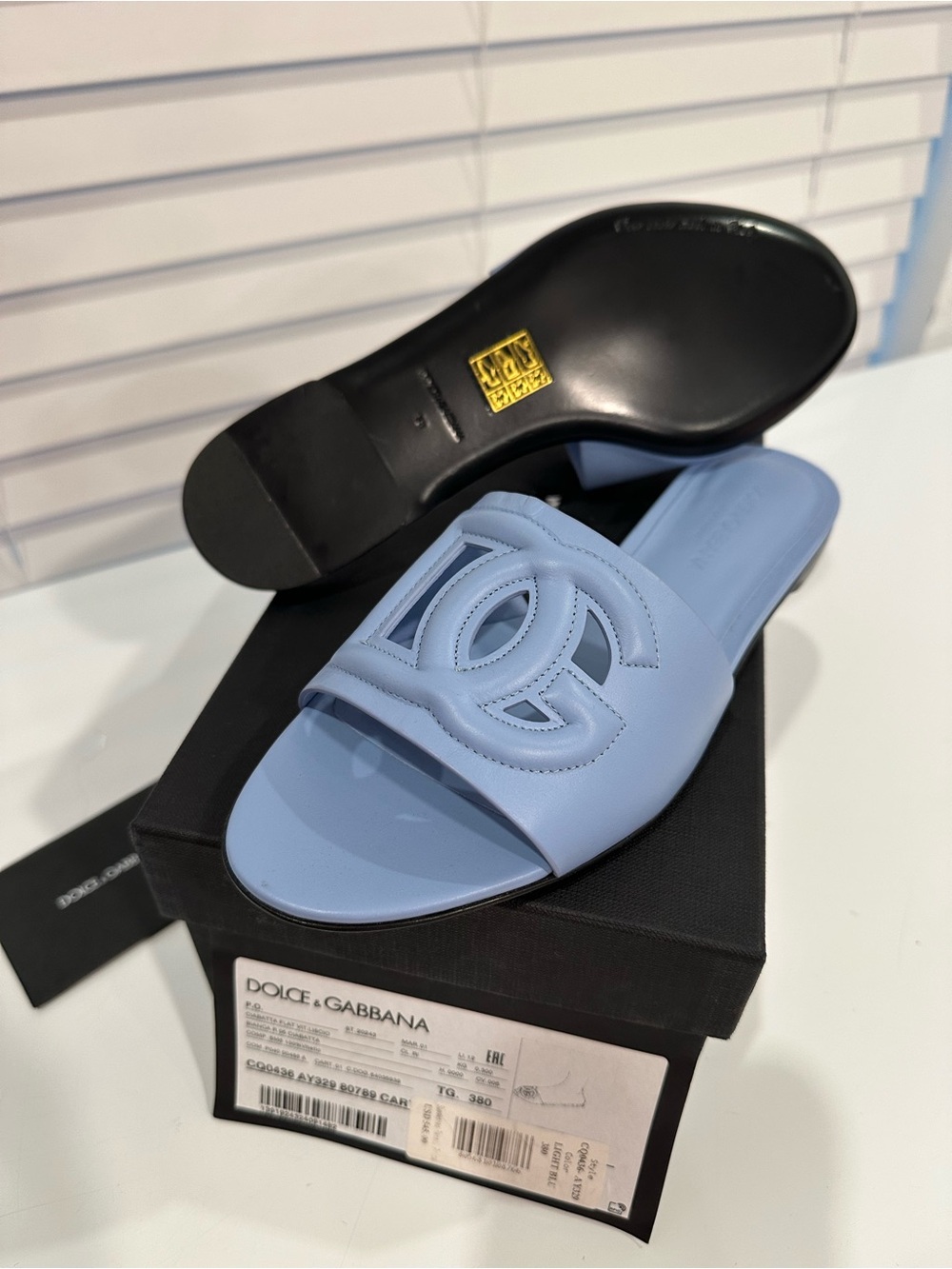 Dolce & Gabbana Pastel Blue Logo Slide Mules size 8